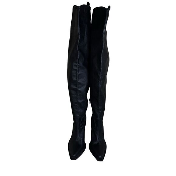 ZARA Black Leather Over-the-Knee Cowboy Boots 8.5 US / 39 EU Western Chic - Picture 7 of 15